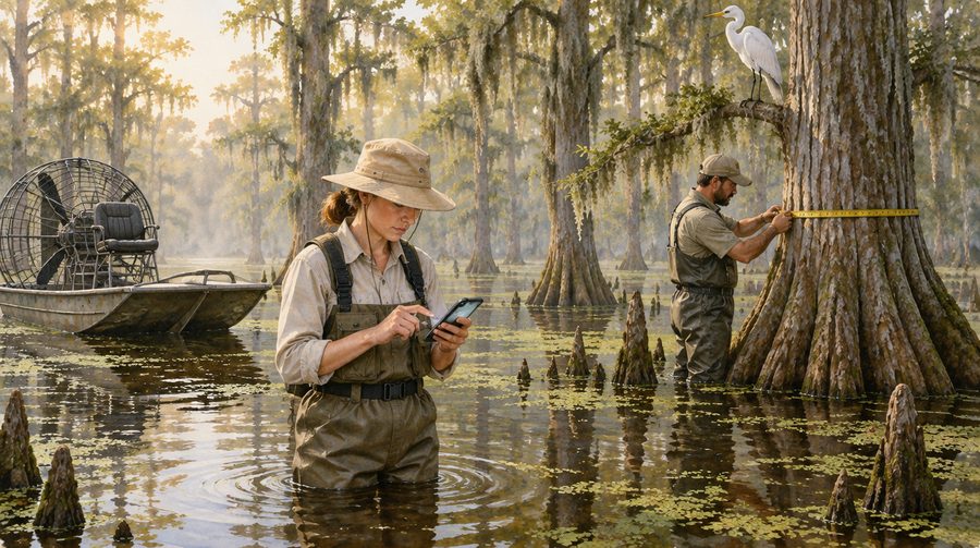 Two biologists in waders in a cypress swamp, one logging data on a phone, the other measuring a tree, with an egret above